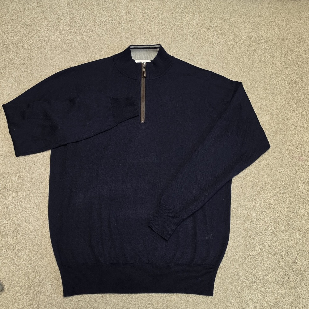 PETER MILLAR Men's Crown Soft Nappa Trim Wool Silk Quarter-Zip Sweater Blue Sz M